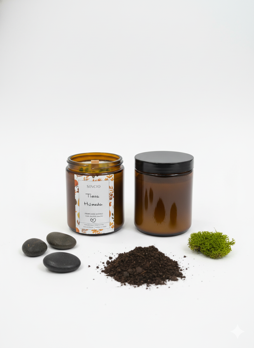 Vela artesanal Tierra Húmeda de cera de soja junto a tierra, musgo y piedras naturales, inspirada en el aroma del bosque después de la lluvia.