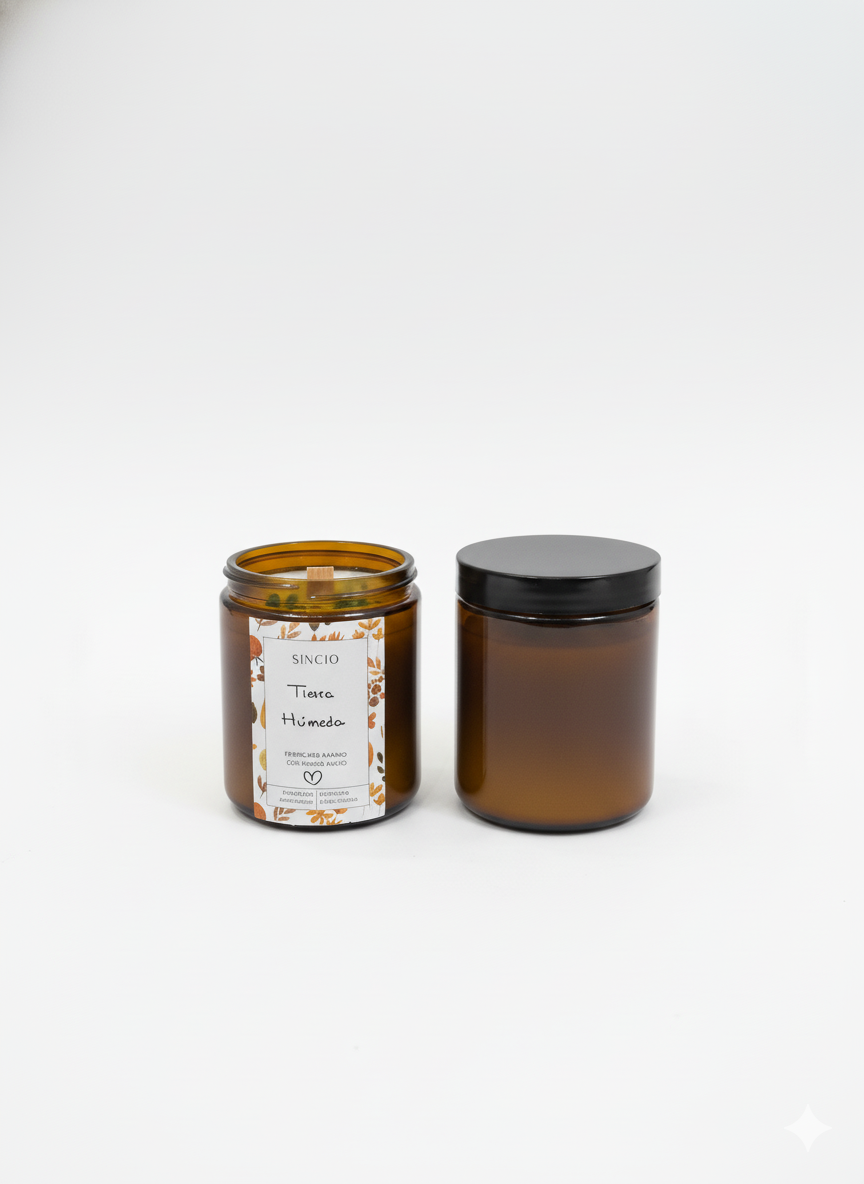 Vela artesanal Tierra Húmeda elaborada con cera de soja y fragancia de tierra mojada, musgo y cedro.