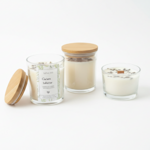 Colección de velas artesanales Calma Interior elaboradas con cera de soja, mecha de madera y aroma a lavanda y manzanilla.
