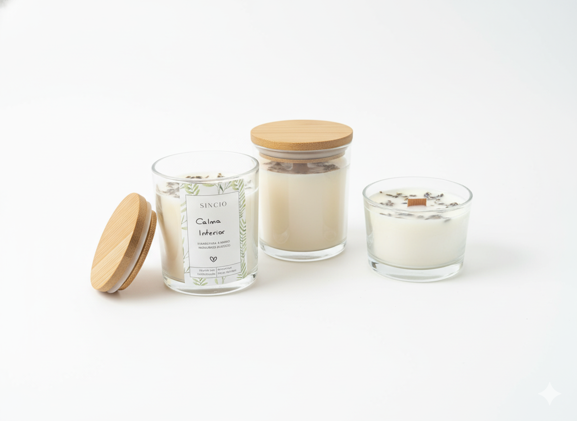 Colección de velas artesanales Calma Interior elaboradas con cera de soja, mecha de madera y aroma a lavanda y manzanilla.