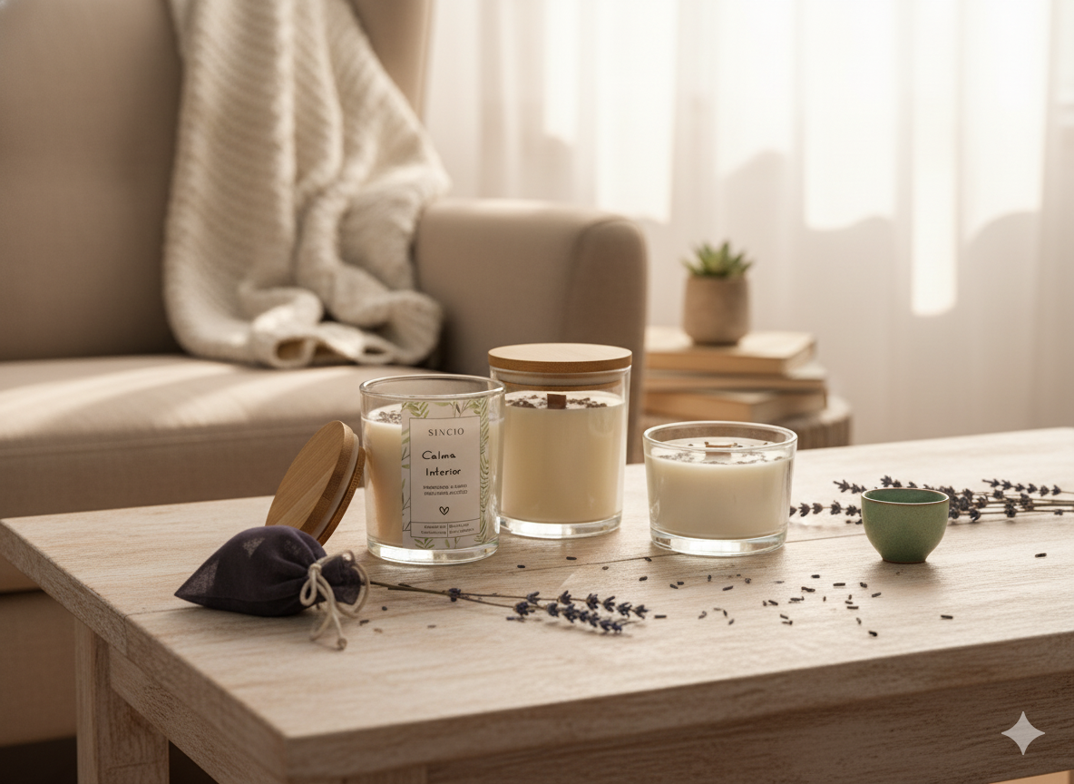 Vela artesanal Calma Interior de cera de soja con aroma a lavanda y manzanilla en un ambiente acogedor y relajante.