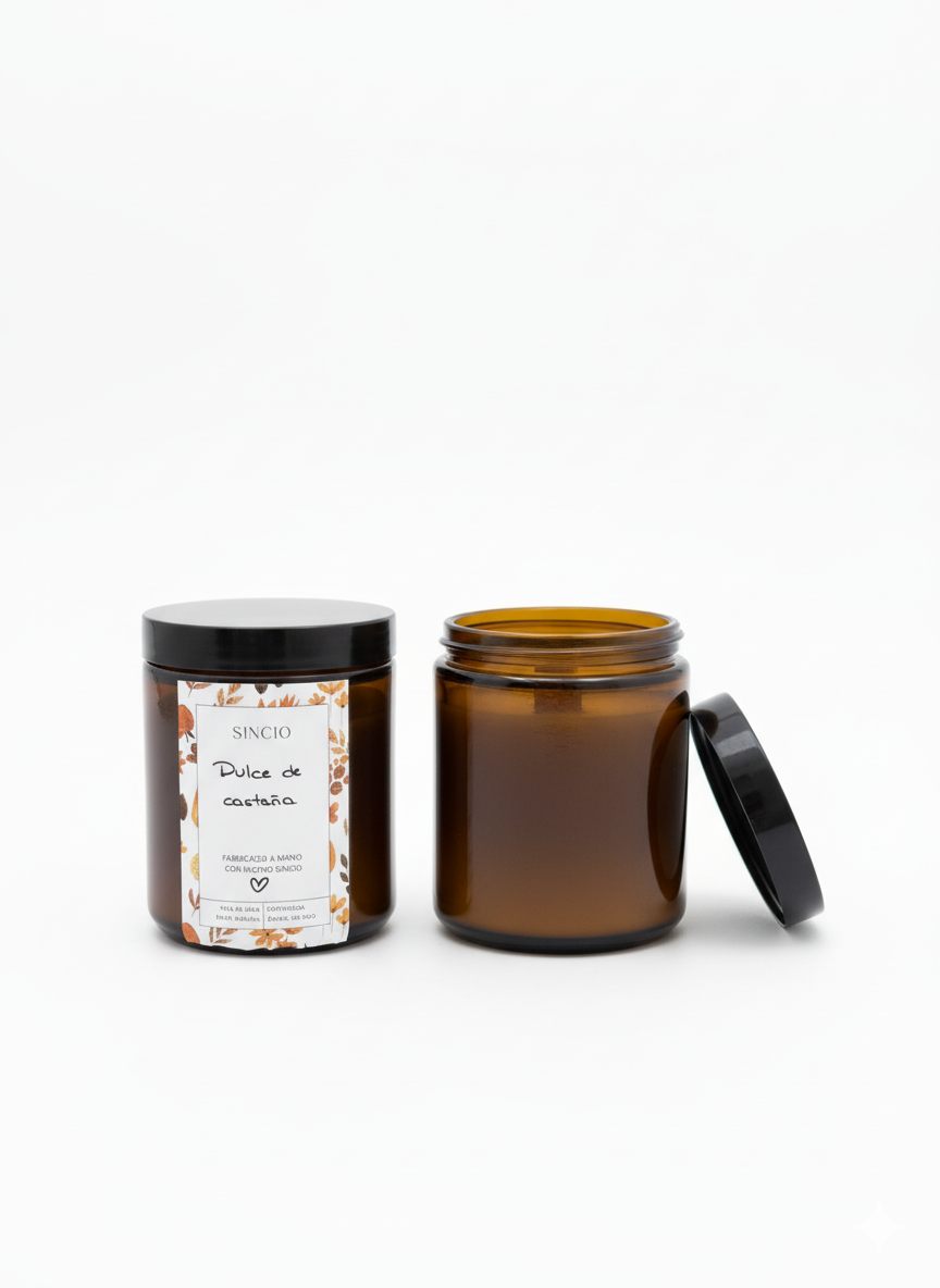 Vela artesanal Dulce de Castaña elaborada con cera de soja y aroma a dulce de leche, vainilla y castaña.
