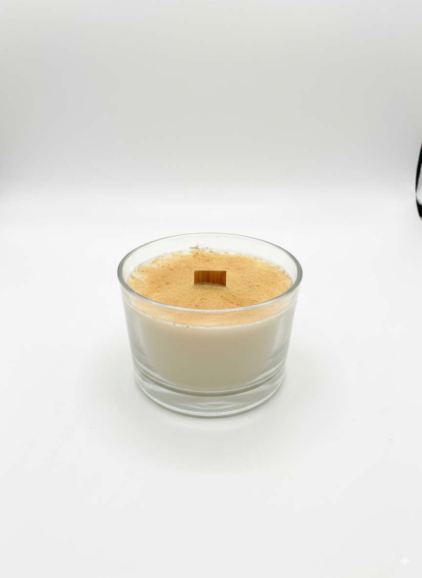 Vela artesanal Abrazo de Vainilla elaborada con cera de soja y mecha de madera con aroma a vainilla, coco y galleta.